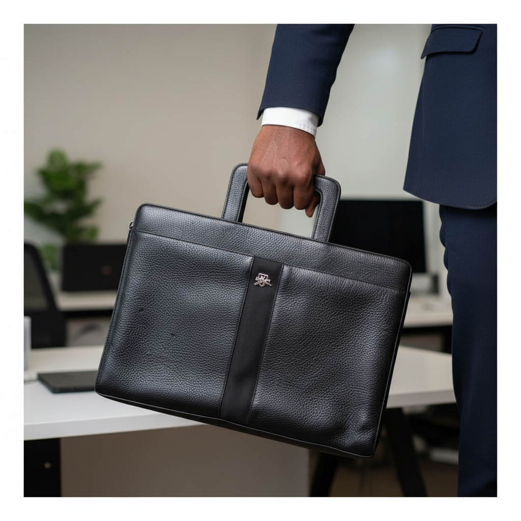 Male model holding leather laptop bag