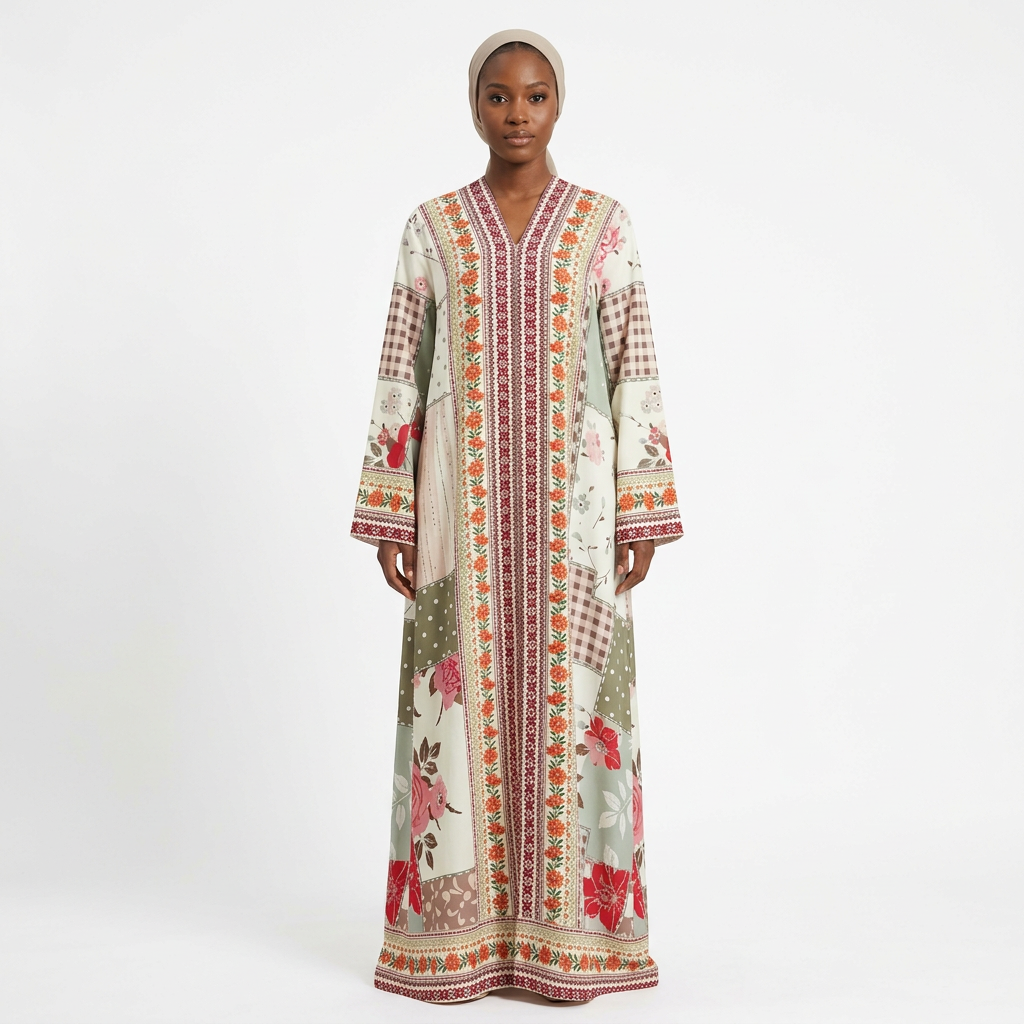 Nigerian female model wearing a floral-border patchwork print abaya against white