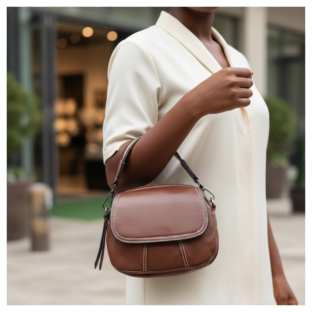 Female model holding leather handbag
