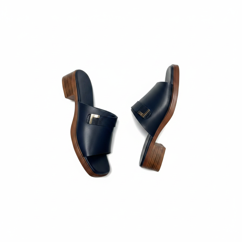 Ghost mannequin pair view of navy blue leather T-bar block heel slide mules