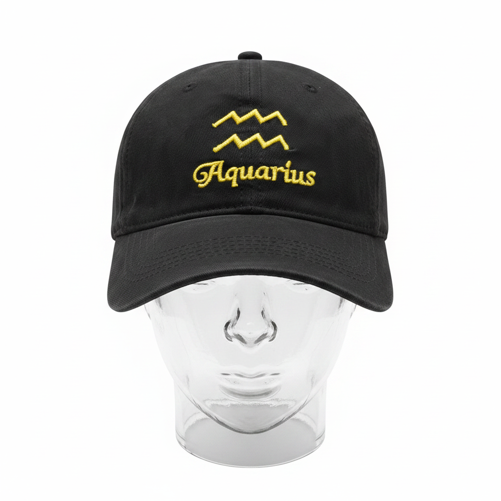 Black Aquarius zodiac embroidered baseball cap ghost mannequin — front view on white background