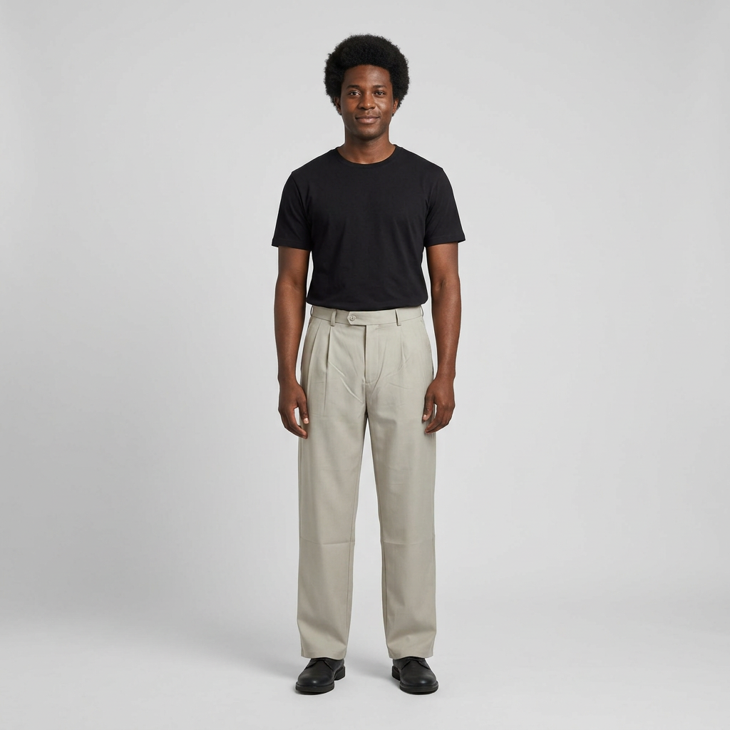 Full-body male model wearing light beige pleated trousers