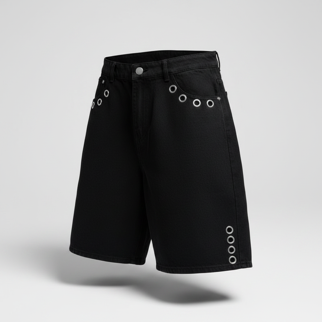 Black eyelet denim shorts invisible mannequin view