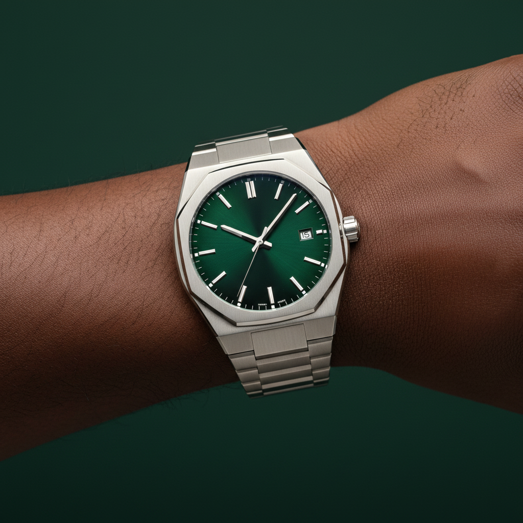 Nigerian male wrist-only shot wearing green dial titanium automatic watch