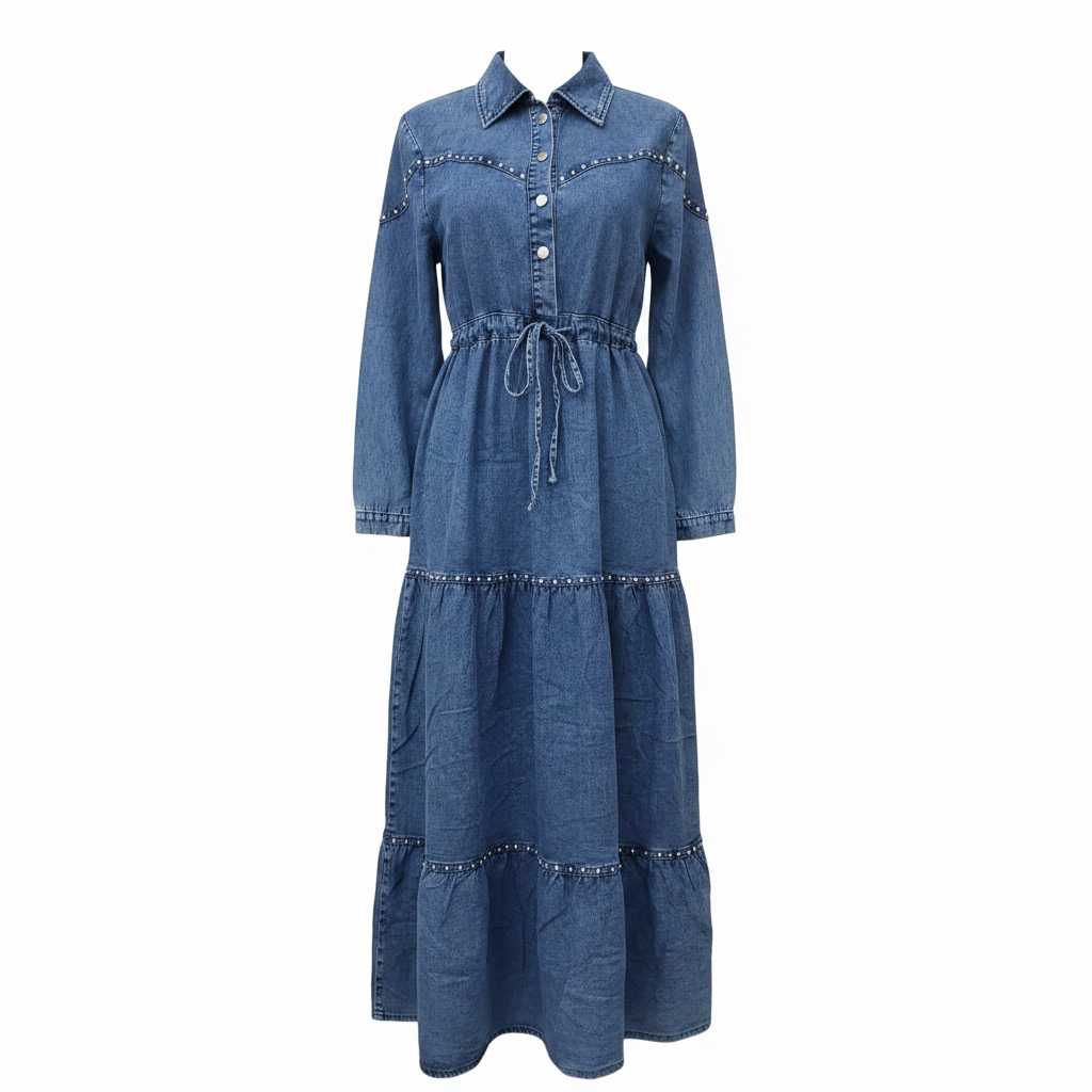 Women's acid wash denim blue long-sleeve crystal stud trim tiered maxi dress - ghost mannequin front view