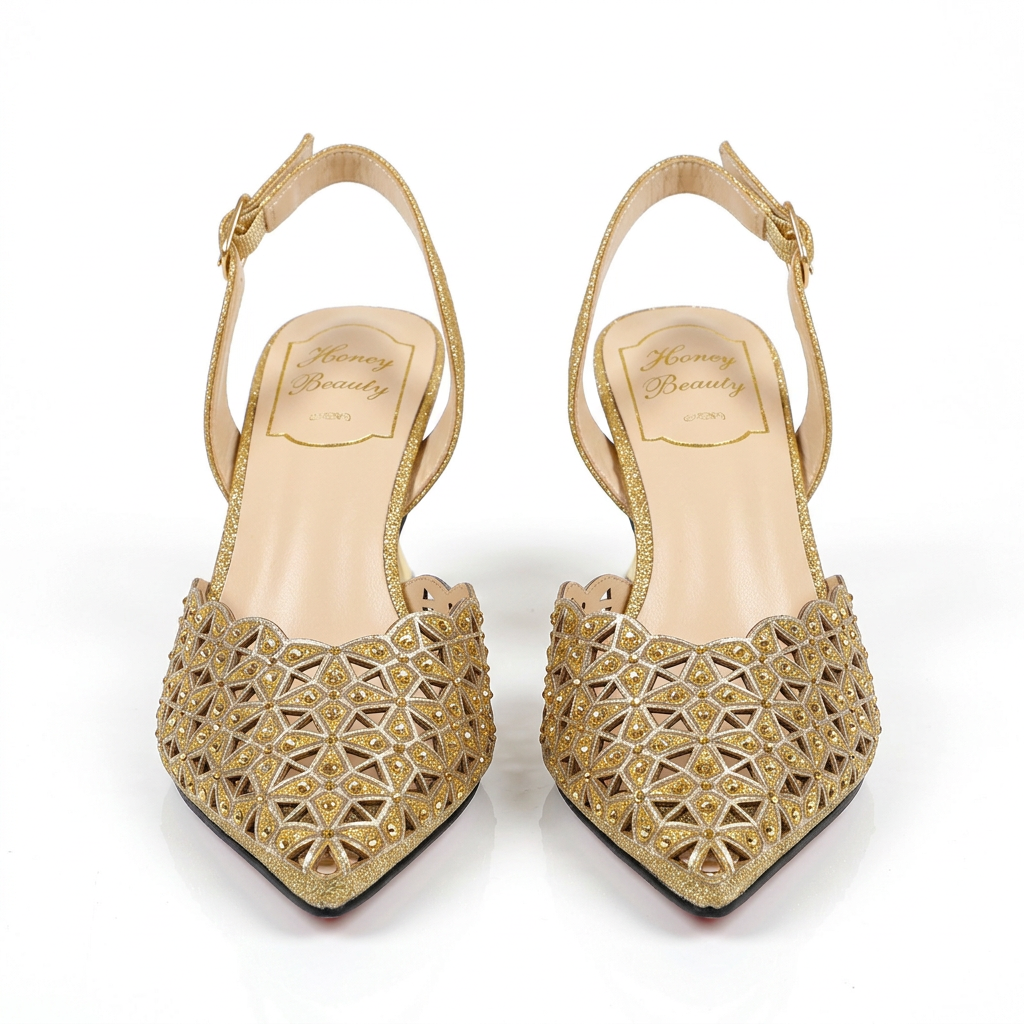 Gold metallic geometric cutout pointed-toe slingback heel pair