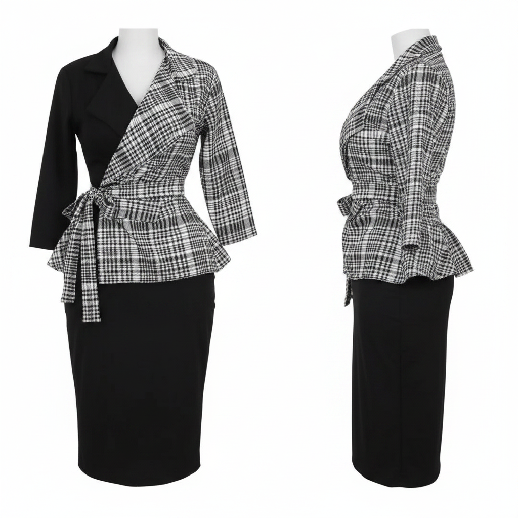 Women's Black & Houndstooth Wrap Belted Peplum Midi Dress – Ghost Mannequin Front and Side View