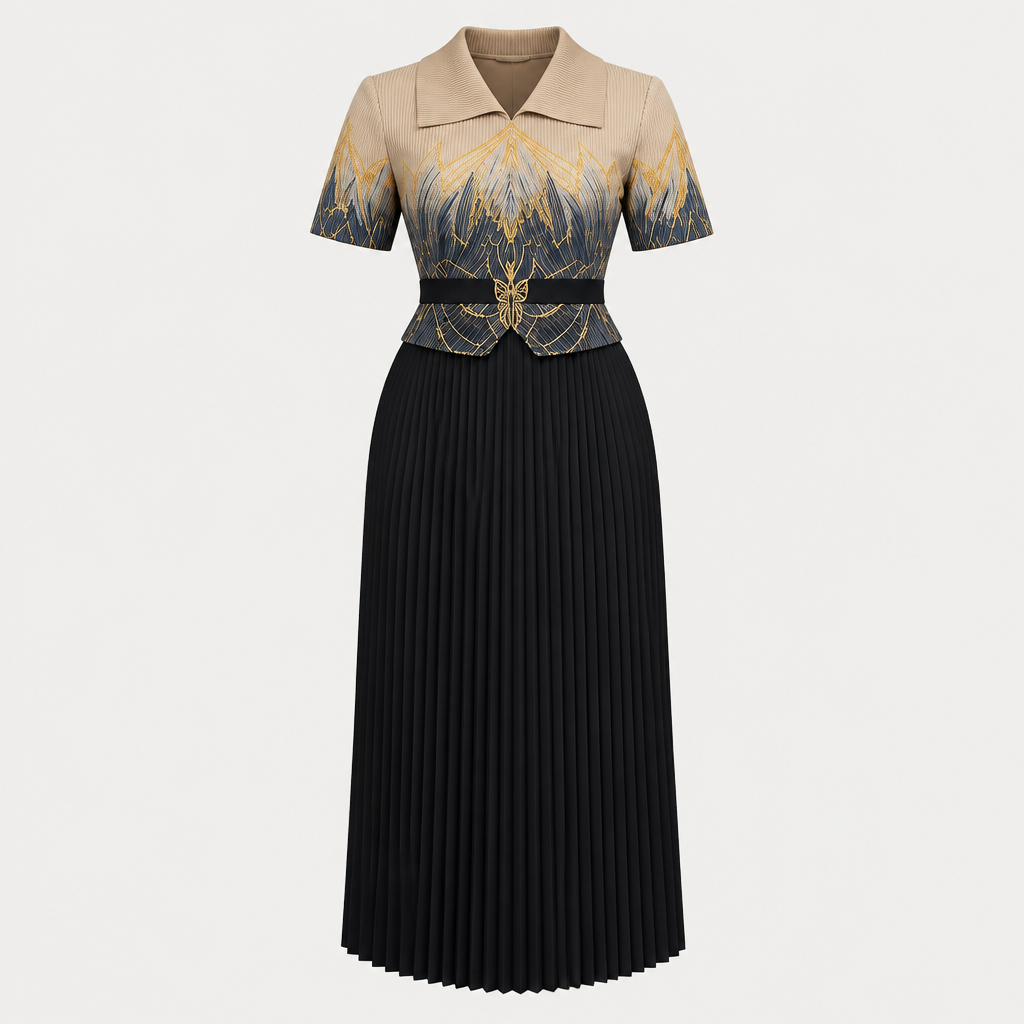 Beige patterned bodice and black pleated skirt dress on invisible mannequin