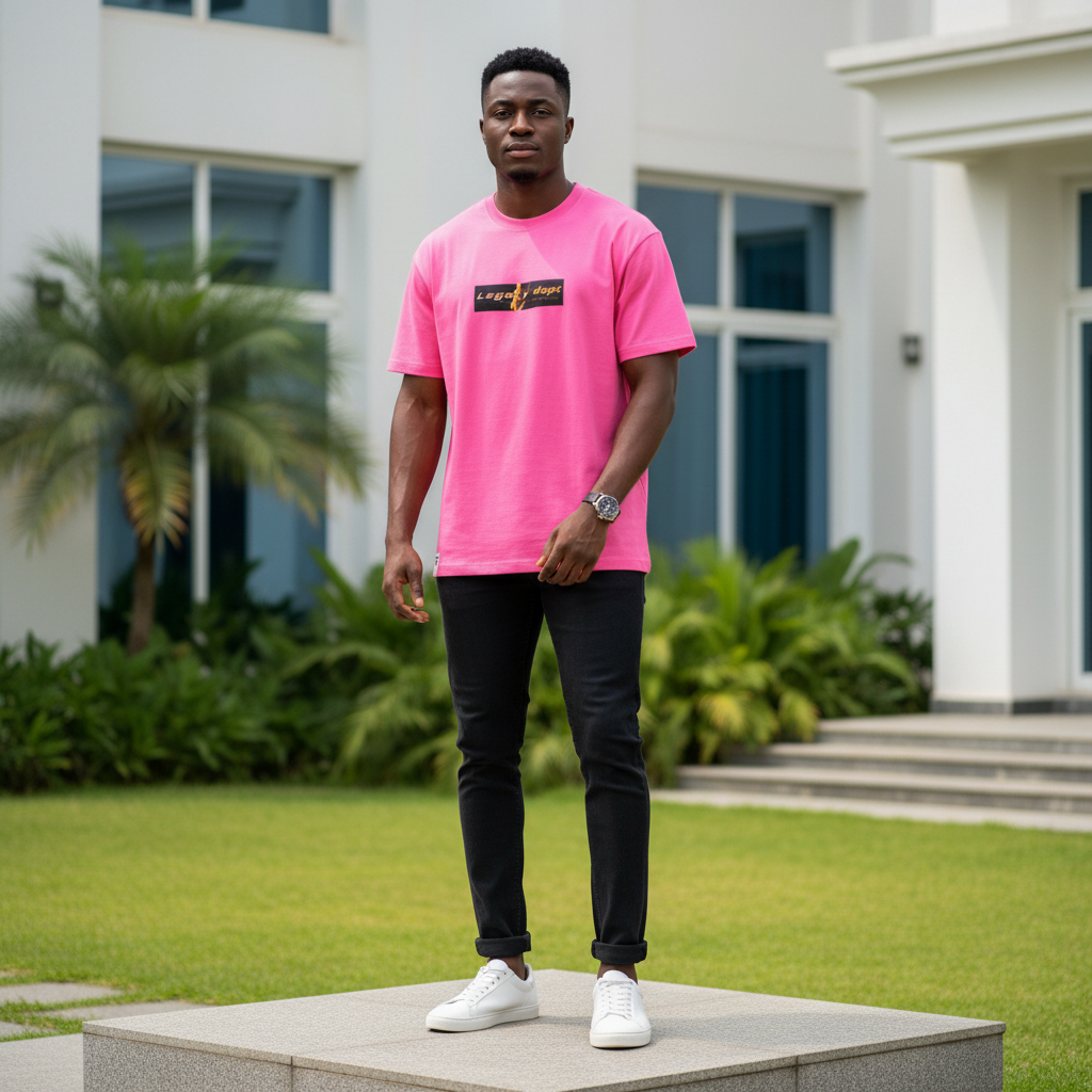 Nigerian male model wearing men's hot pink graphic short-sleeve tee full body streetwear editorial shot