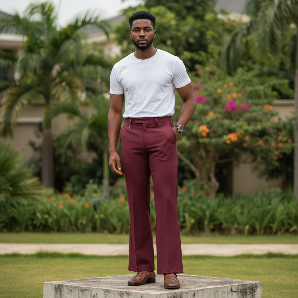 Men's Burgundy Wide-Leg Palazzo Trousers – Nigerian Male Model Shot
