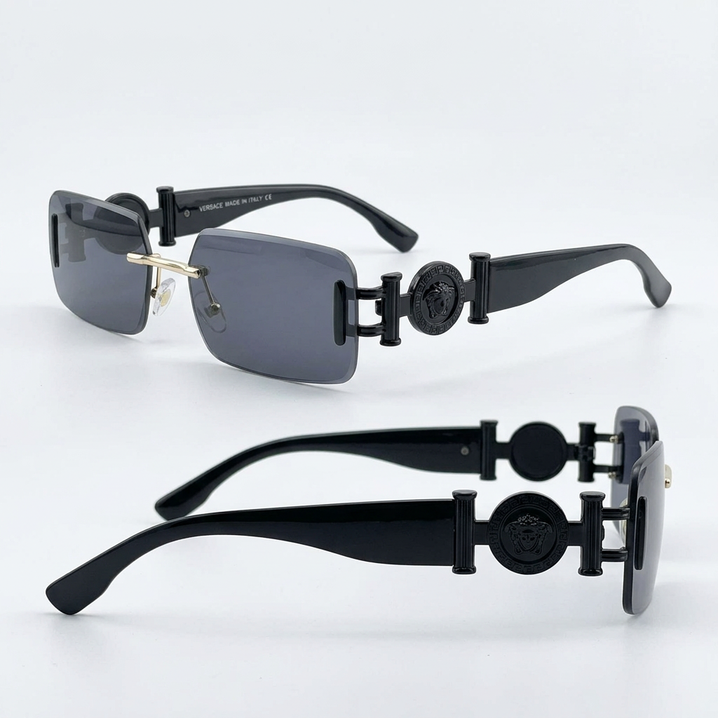 Smoke-grey rectangular sunglasses with black round temple details and a gold-tone bridge, front and side views