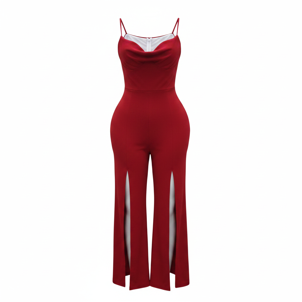 Red Cowl Neck Split-Leg Jumpsuit - Ghost Mannequin