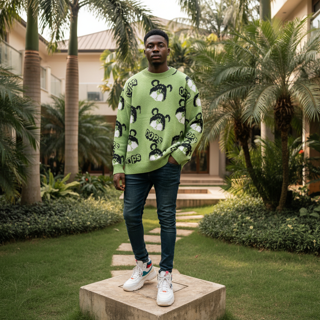 Nigerian male model wearing lime green bear graphic jacquard knit sweater — full body street style