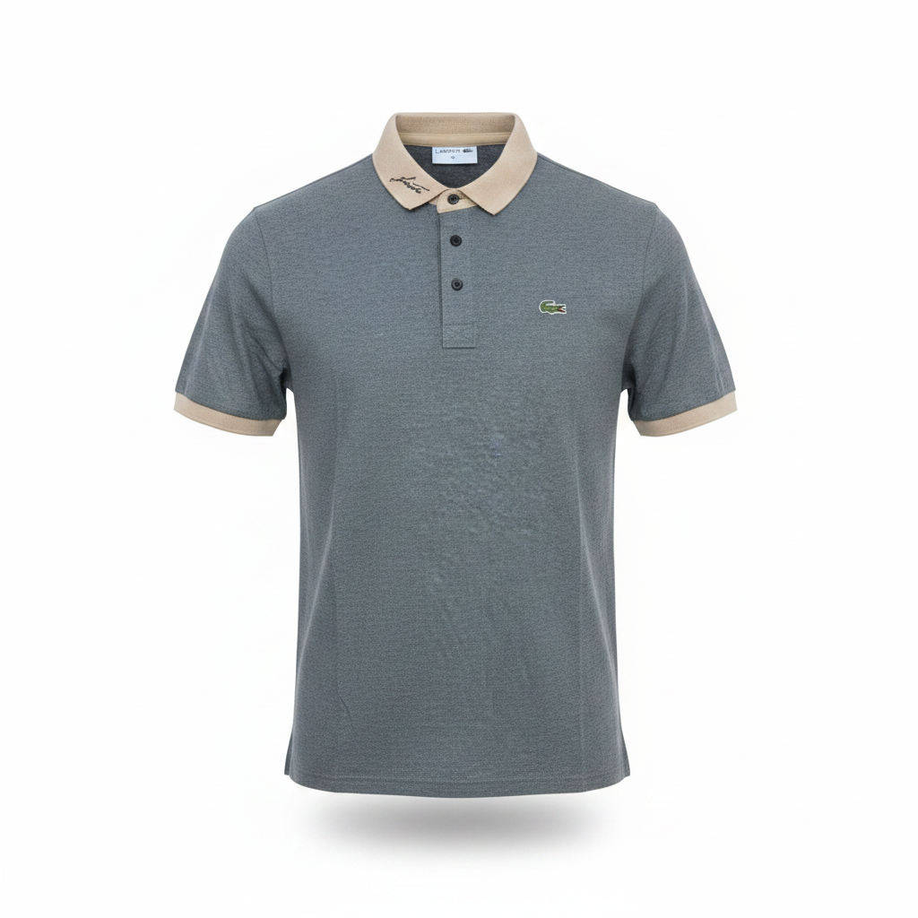 Men's grey marl polo shirt with cream contrast collar and cuffs, ghost mannequin front view