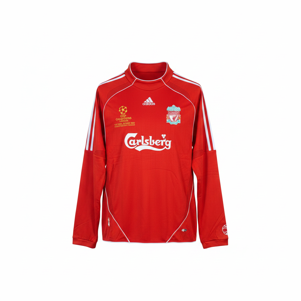 Red long-sleeve retro football jersey Champions League Final Athens 2007 — ghost mannequin front view