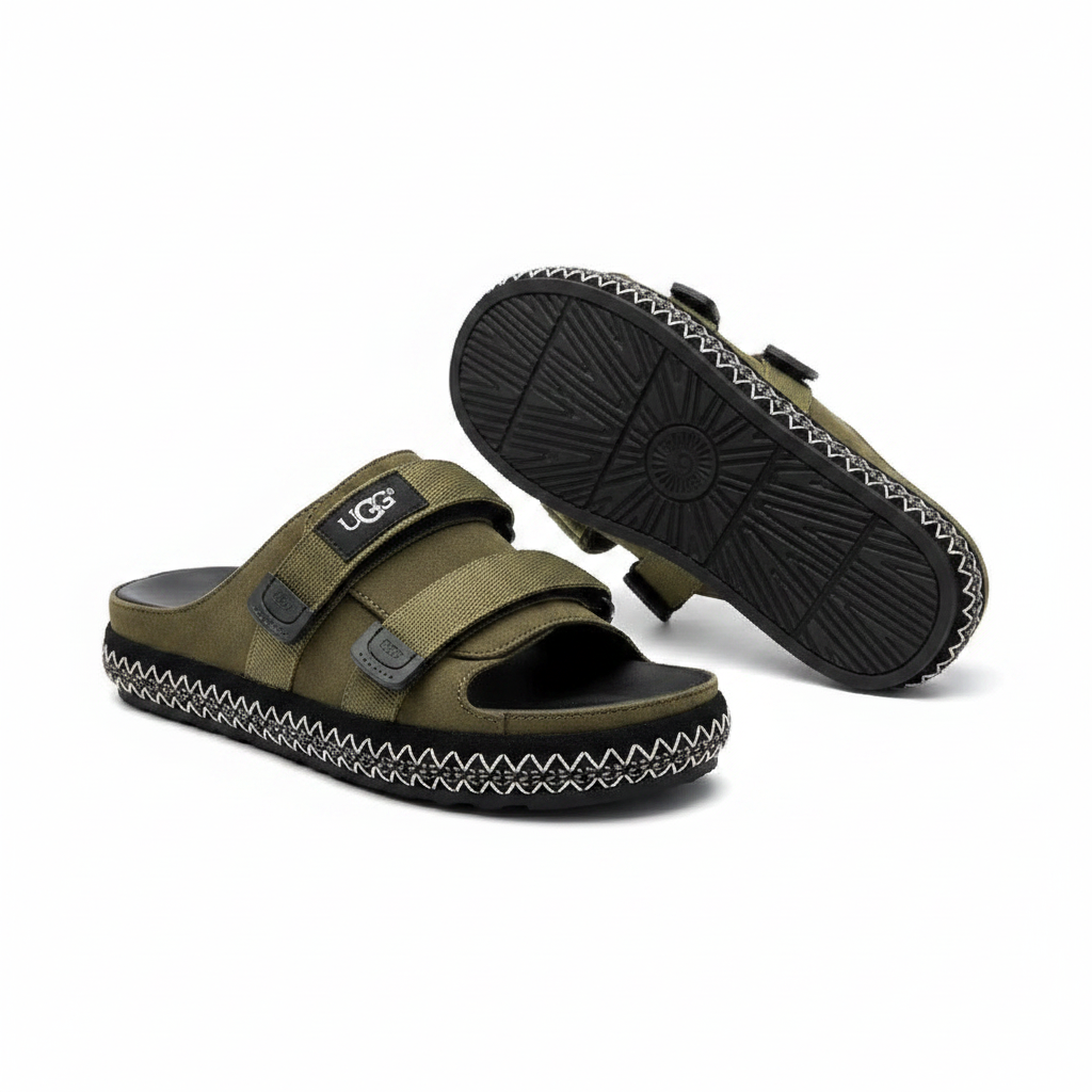 Olive green UGG-style double-strap velcro slide sandal ghost mannequin product shot, plain white background
