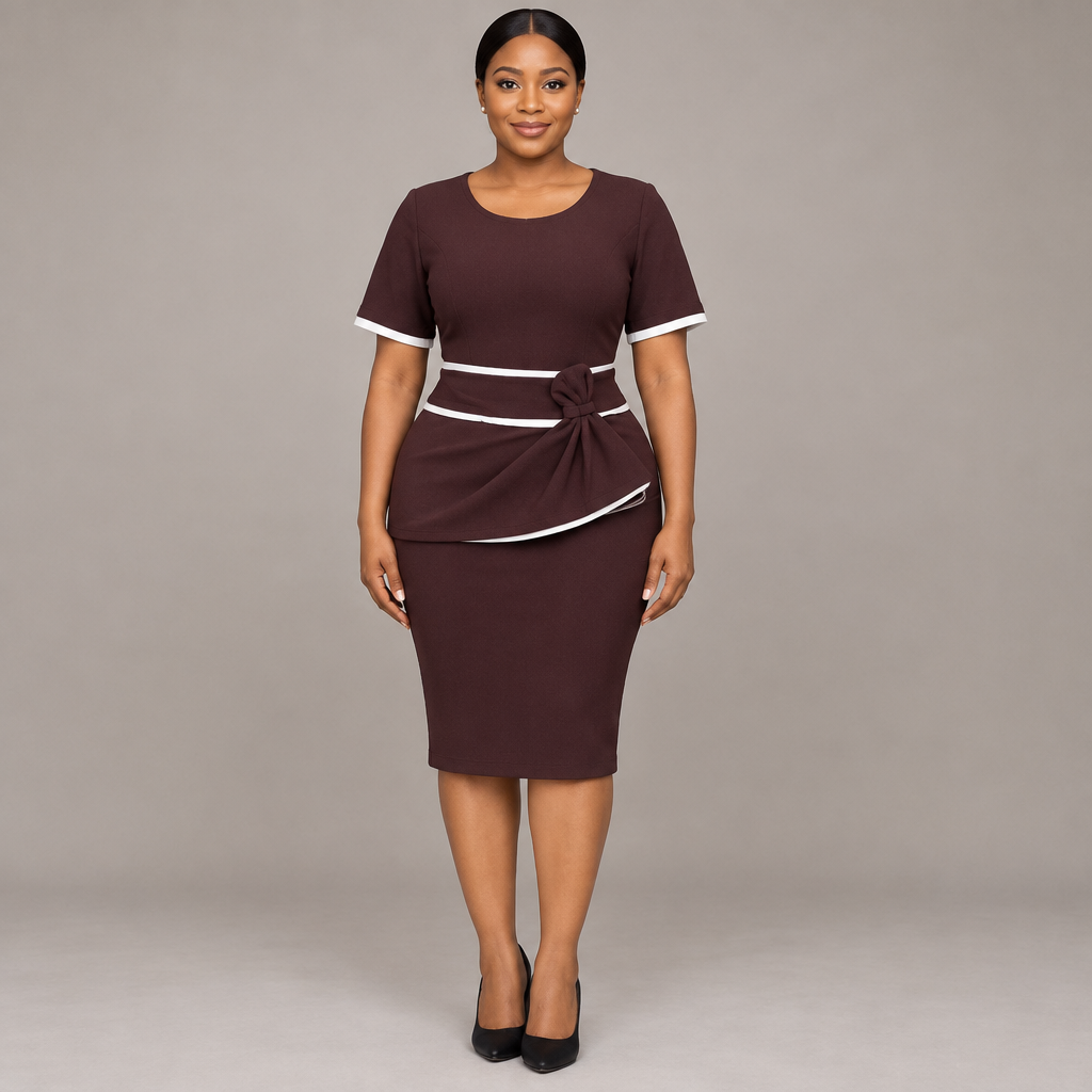 Black Nigerian woman wearing dark brown white-piped wrap peplum dress