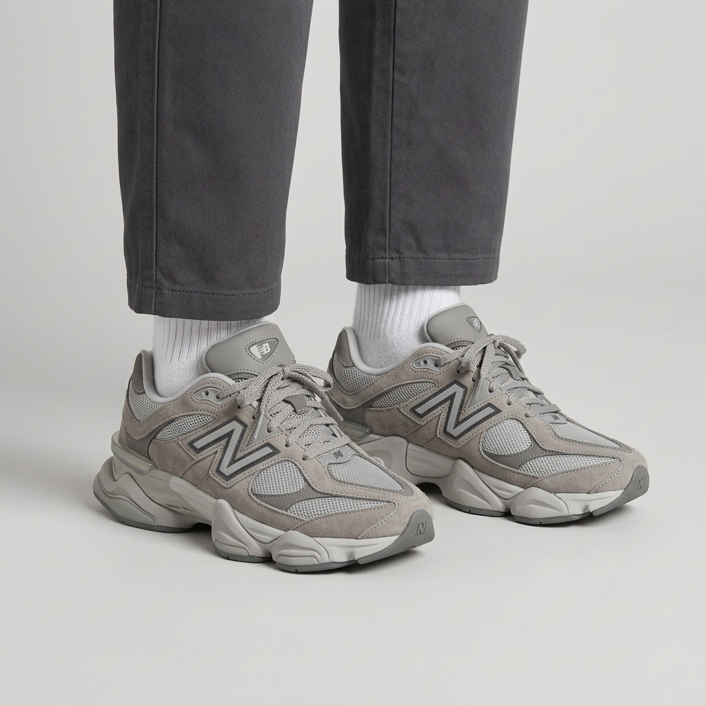 Men's tonal grey mesh-panel chunky sneakers worn with both shoes fully visible