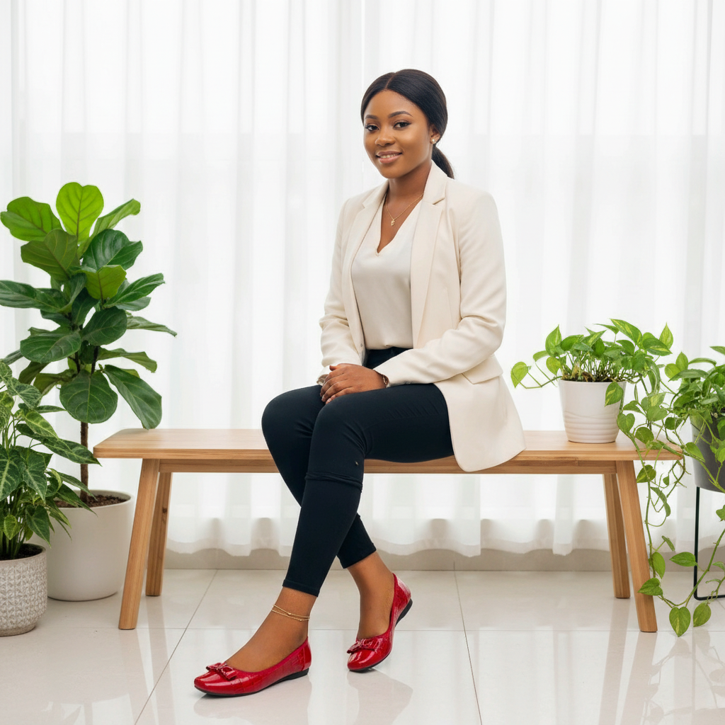 Nigerian female model seated wearing red patent square-toe ballet flats with double-bar buckle detail