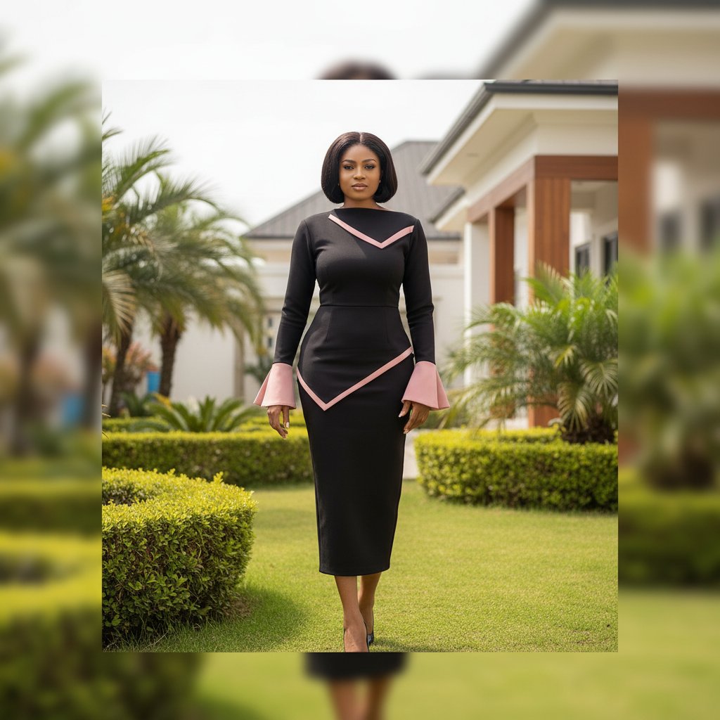 Women's Black & Blush Pink Contrast Trim Bell Cuff Midi Dress – Nigerian Female Model Shot