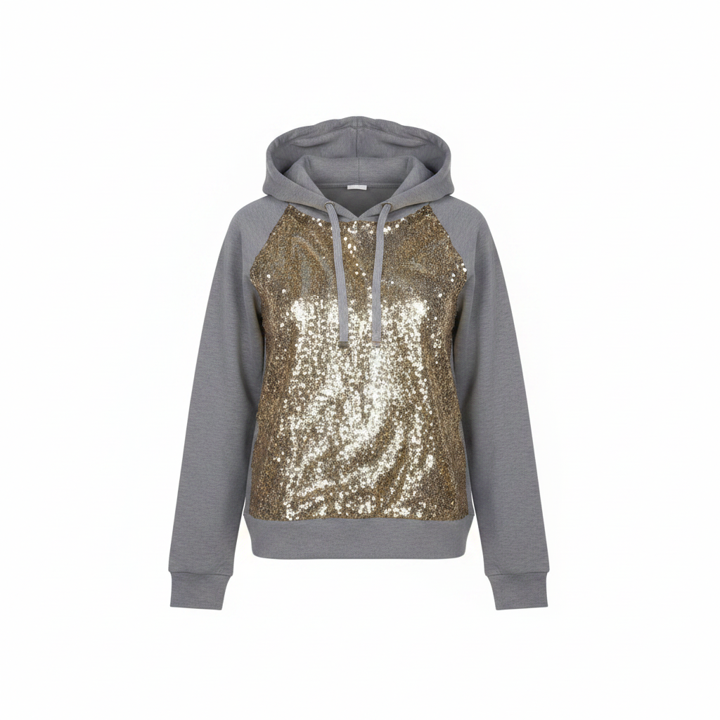 Women's grey gold sequin panel long-sleeve hoodie - ghost mannequin front view