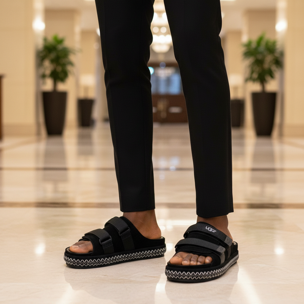 Nigerian male model wearing black UGG-style double-strap velcro slide sandals, tight zoomed-in outdoor-luxury leg focus lifestyle shot