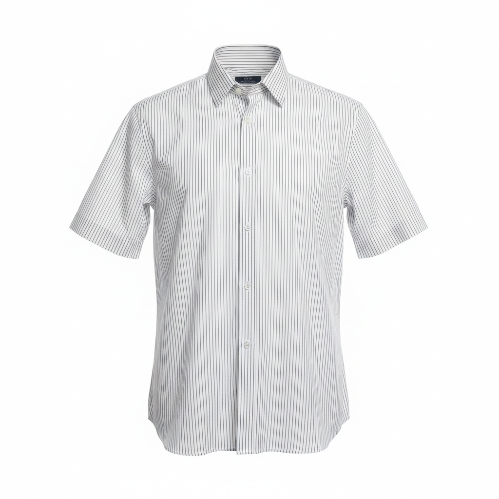 White Navy Pinstripe Short-Sleeved Shirt - Ghost Mannequin Front View