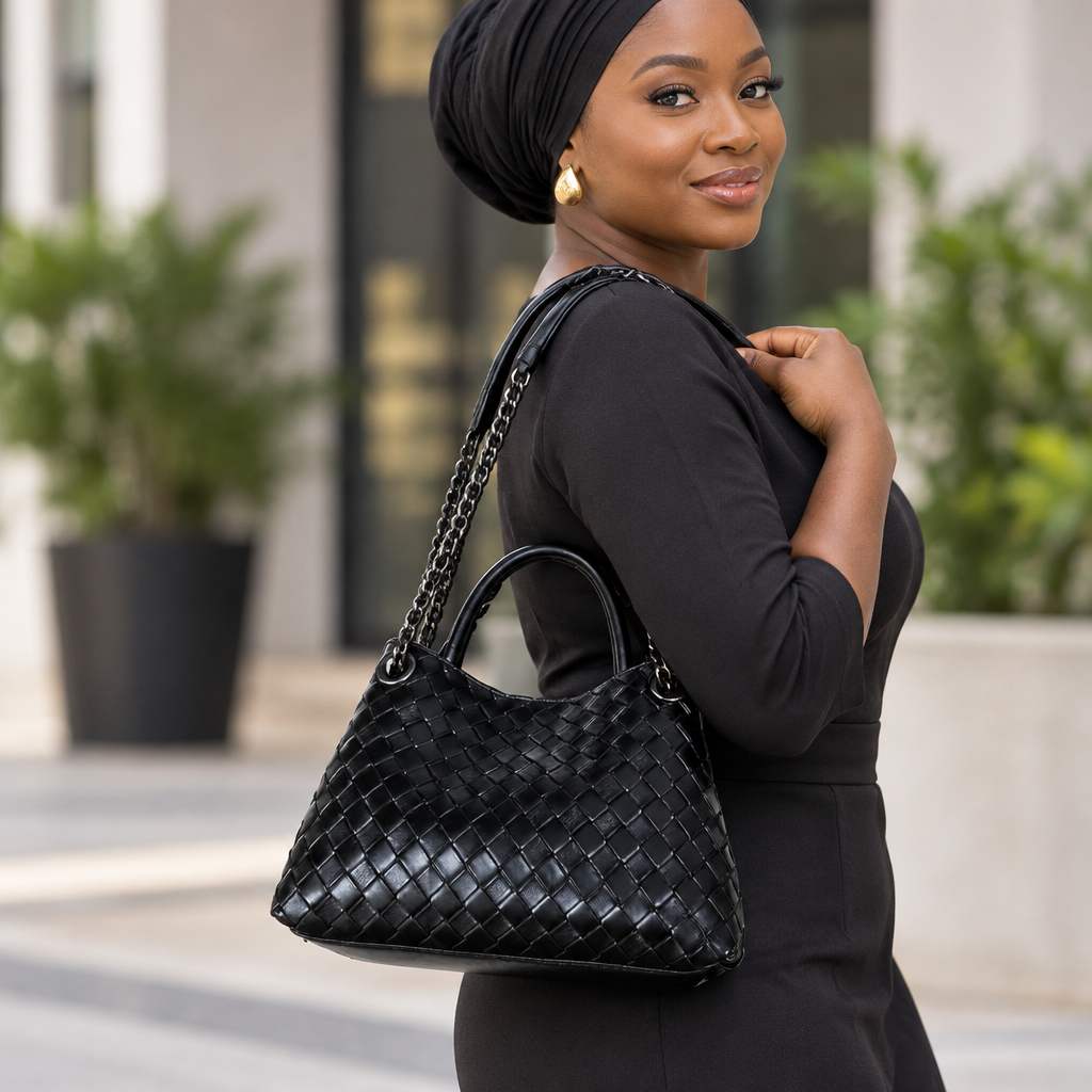 Nigerian woman carrying a black woven-effect chain-strap handbag