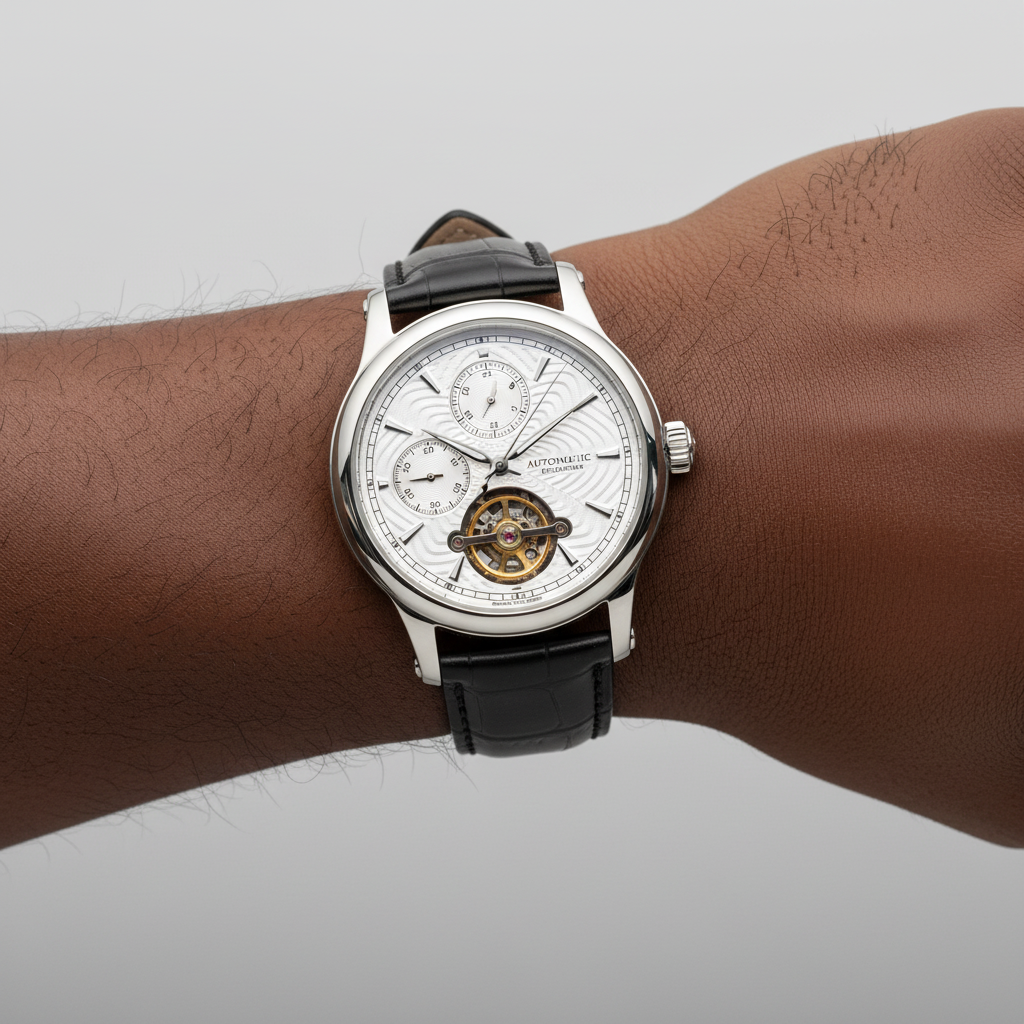 Nigerian male wrist-only shot wearing white guilloche silver skeleton automatic watch