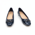 Navy croc-embossed patent leather square-toe ballet flat with chain-link bar detail — clean pair product shot