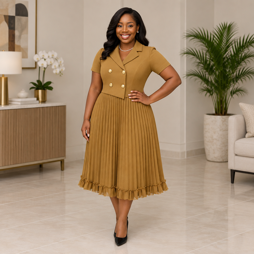 Adult Black woman wearing a mustard gold lapel pleated dress