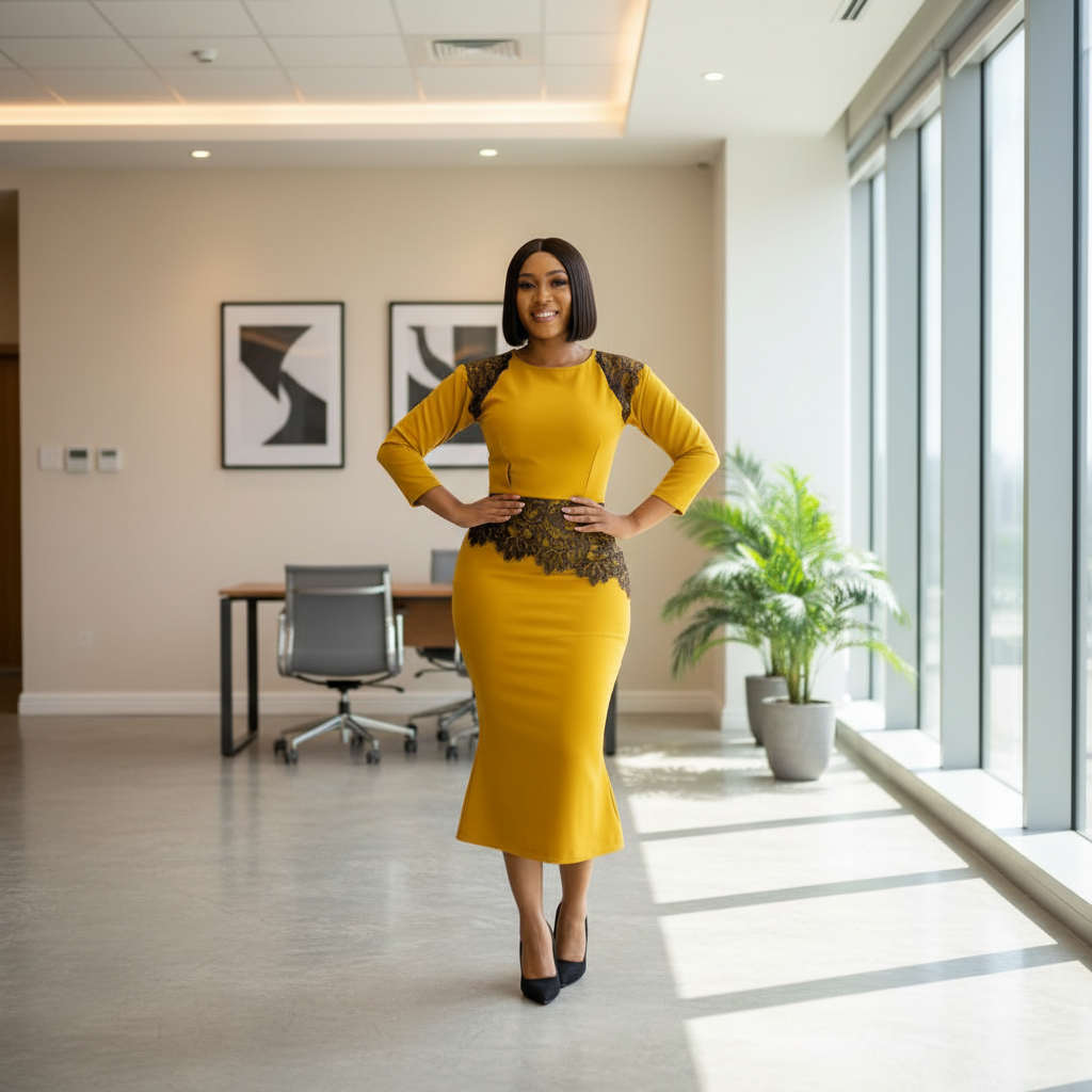 Nigerian female model in corporate office setting wearing Women's Mustard Yellow Lace-Shoulder Mermaid Hem 3/4 Sleeve Bodycon Midi Dress