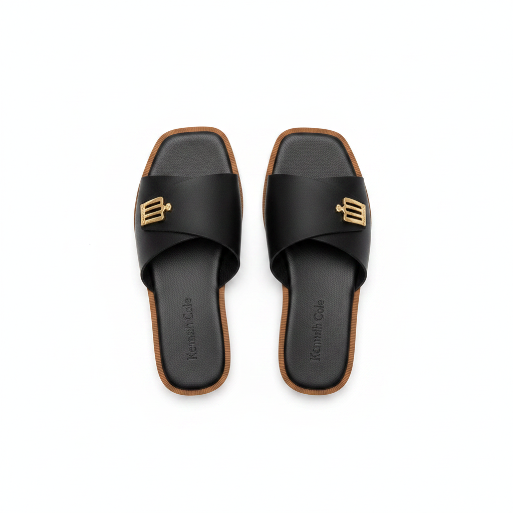 Pair of black leather wide strap flat slide slippers with gold logo hardware on white background