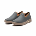 Men's slate blue nubuck leather slip-on sneakers with tan collar trim pair product shot