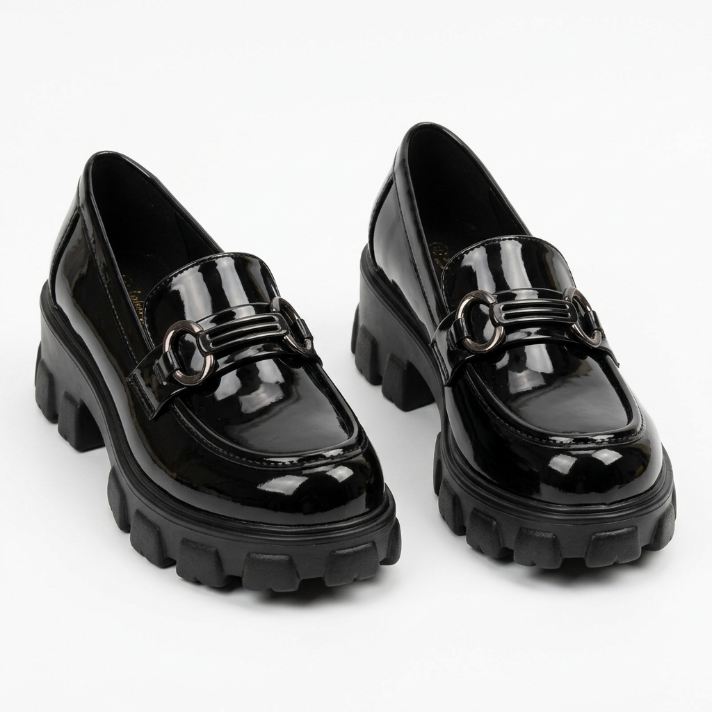 Complete pair of black glossy ring-detail chunky loafers on a white background