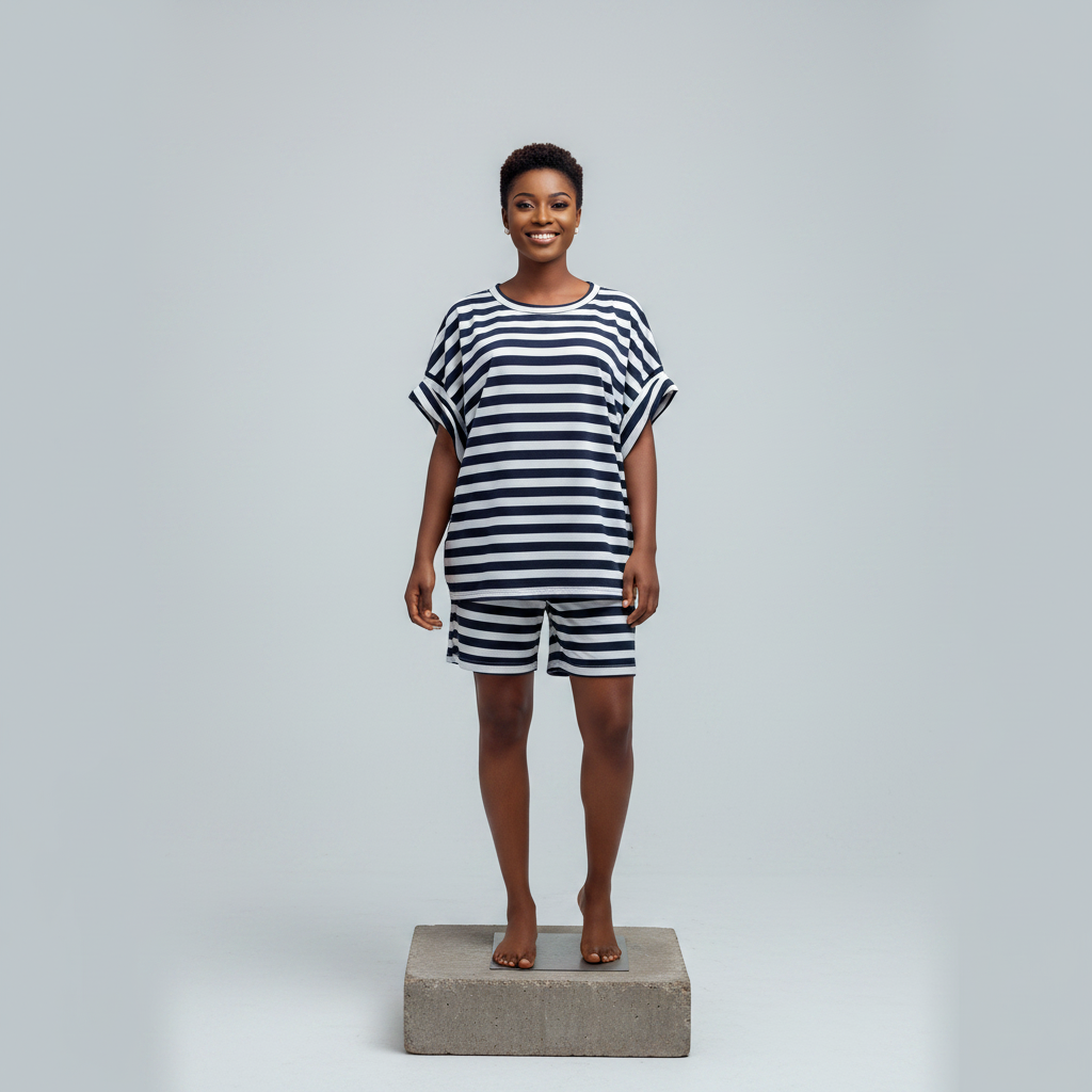 Nigerian female model wearing Navy Striped Batwing Top and Shorts Co-ord Set - front view