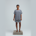 Nigerian female model wearing Navy Striped Batwing Top and Shorts Co-ord Set - front view