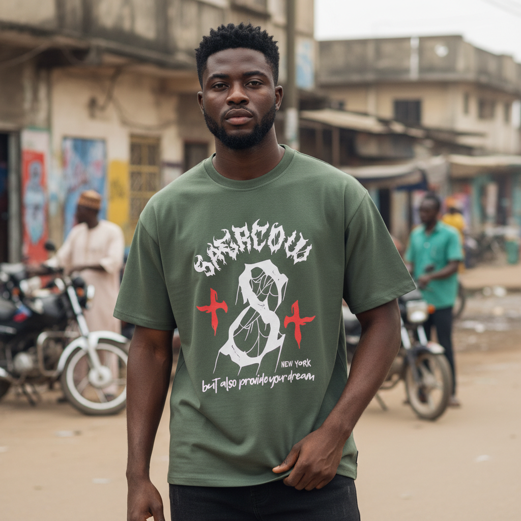 Young Nigerian male model wearing Moscow gothic olive green tee