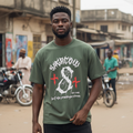 Young Nigerian male model wearing Moscow gothic olive green tee