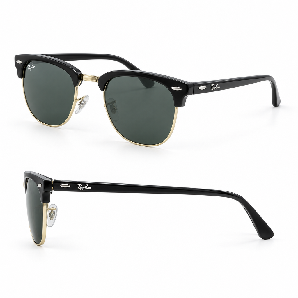 Black browline sunglasses with gold-tone trim shown in main and side views