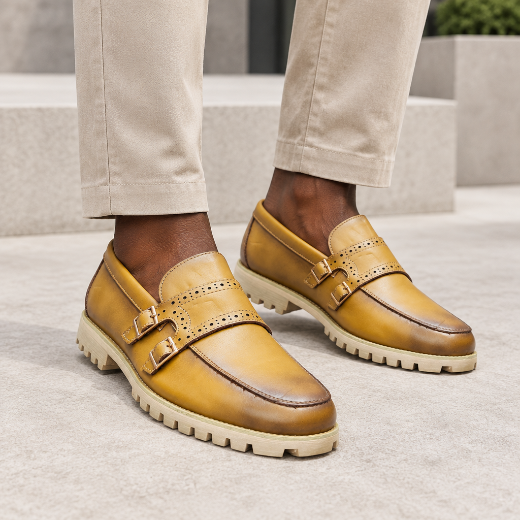 Black model wearing tan men's double-buckle brogue loafers