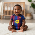 Nigerian baby wearing blue & red stripe football romper bodysuit lifestyle shot