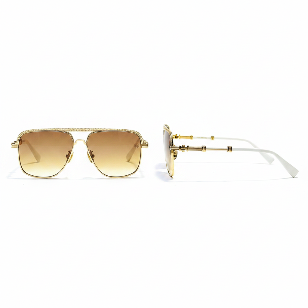 Square Brow Bar Aviator Sunglasses Gold White – Ghost Mannequin Front and Side View