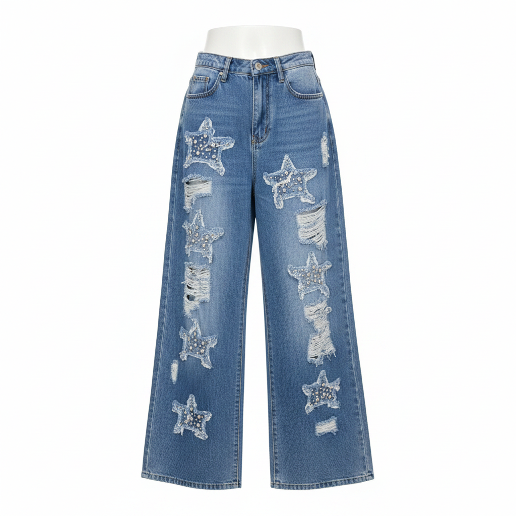 Blue Star Rhinestone Ripped Wide-Leg Jeans - Ghost Mannequin Front