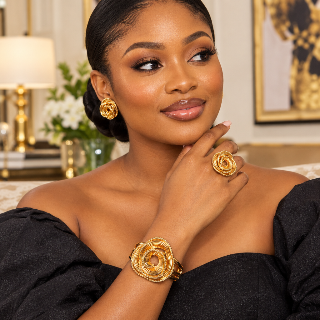Gold Rose Swirl 4-Piece Jewellery Set – Model Shot