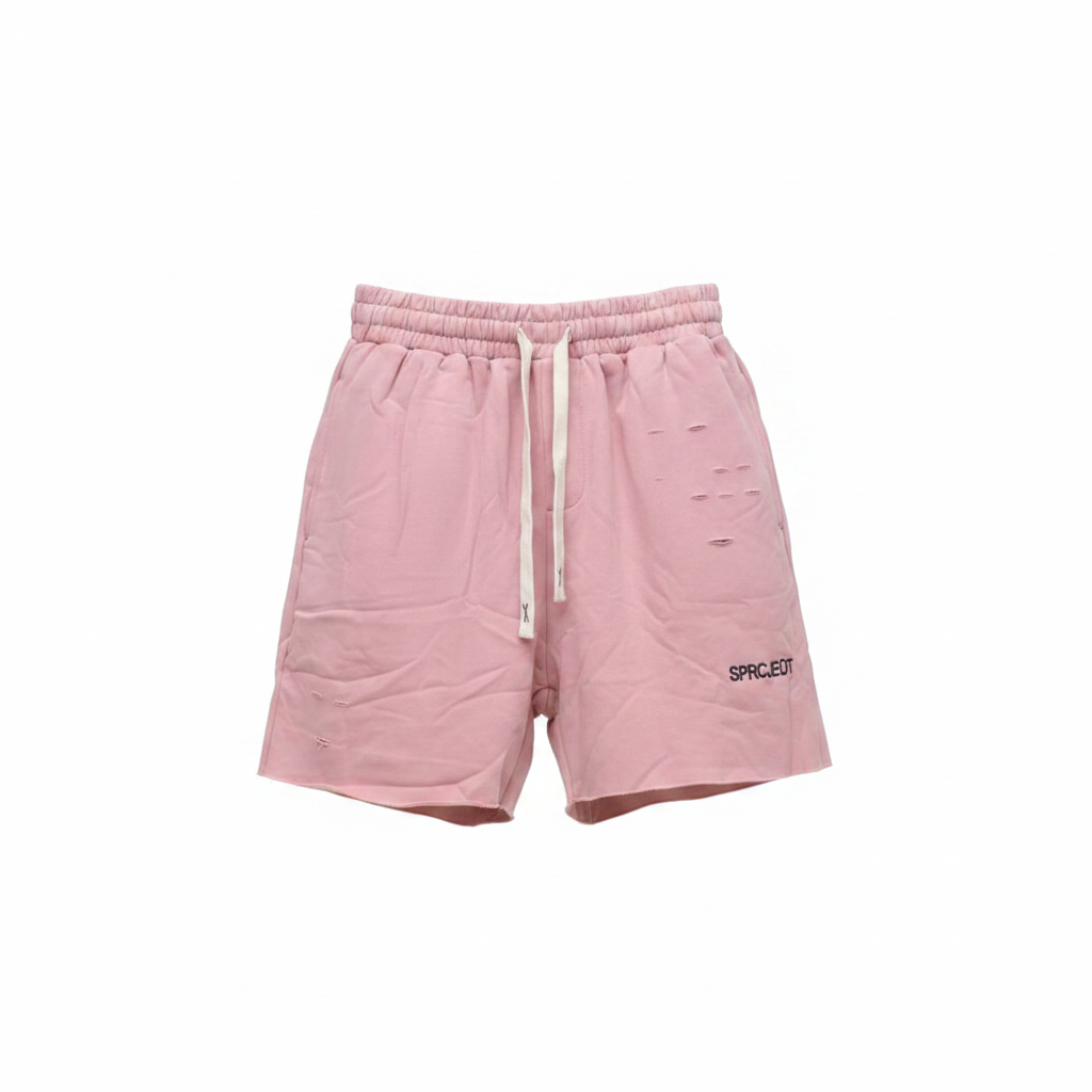 Men's dusty pink distressed graphic shorts — ghost mannequin front view
