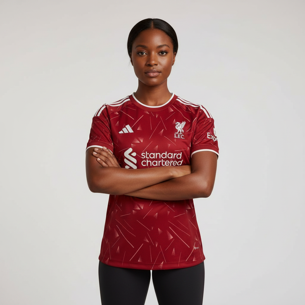 Nigerian female model wearing Liverpool home jersey