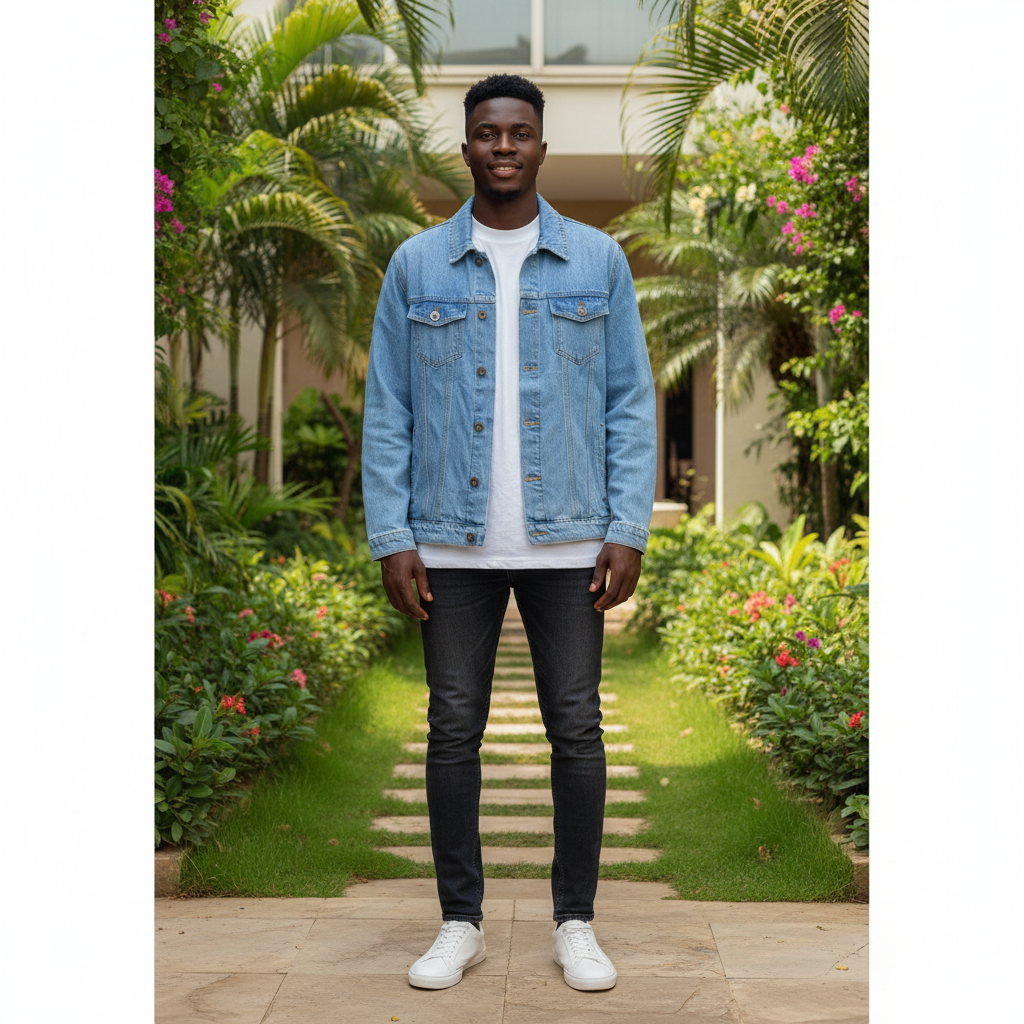 Nigerian male model wearing light blue washed denim trucker jacket