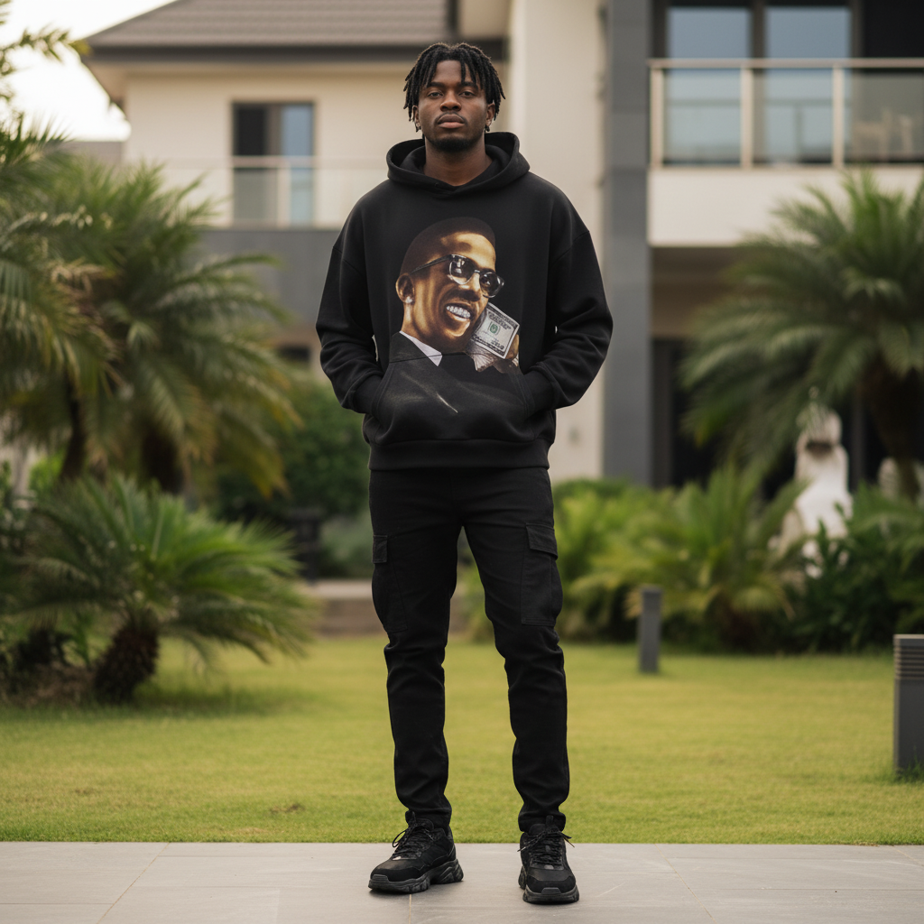 Black portrait hoodie front view on Nigerian male model