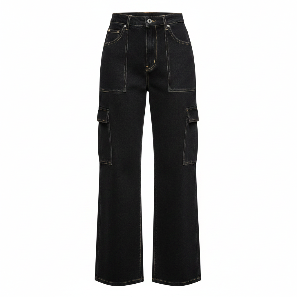 Black High-Waist Wide-Leg Cargo Denim Jeans – Front Ghost Mannequin
